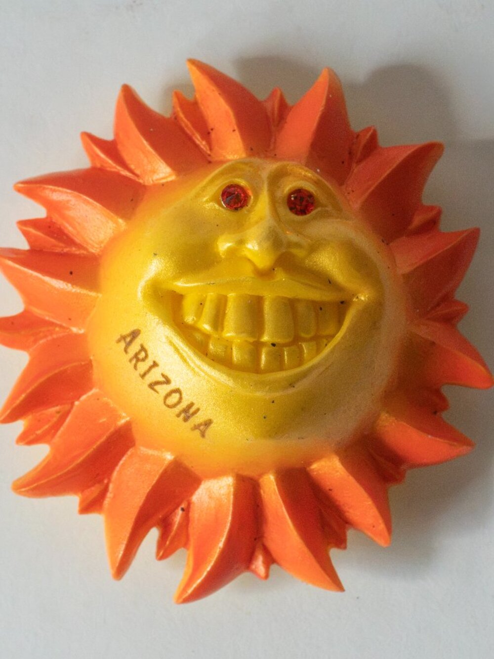 Arizona Souvenir Sun Face Magnet 2.5" Orange Yellow Rhinestone Eyes Kitschy